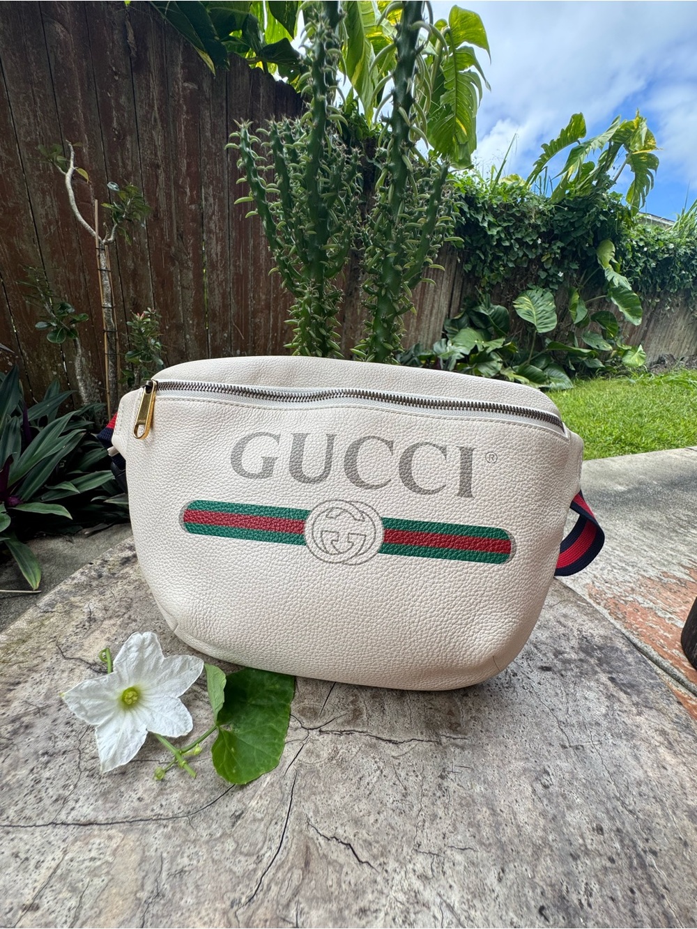Gucci Cream Leather Logo Belt Bag with Green-Red Web Stripe